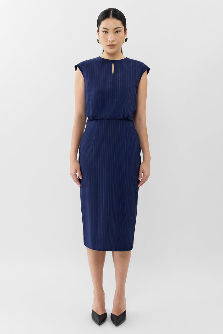 Pinstripe Cinched Waist Dress